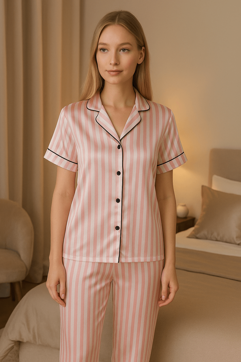 Pyjama en satin à rayures - Rose